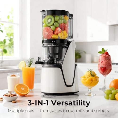 3-in-1 Cold Press Juicer with 6.5" Large Feed Chute, Juice, Nut Milk & Sorbet Maker