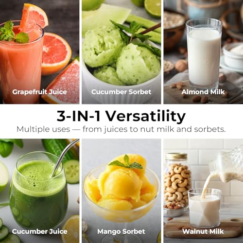3-in-1 Cold Press Juicer with 6.5" Large Feed Chute, Juice, Nut Milk & Sorbet Maker