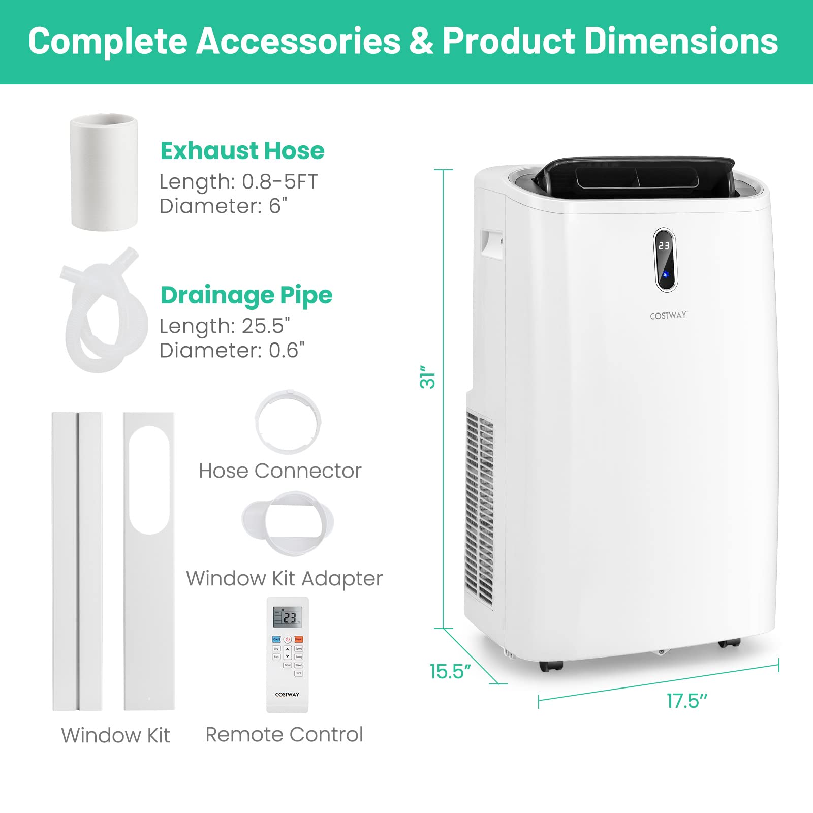 12000 BTU Portable Air Conditioner with Cooling, Heating, Dehumidifier & Fan Functions
