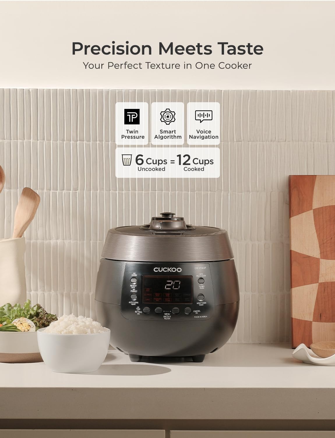 6-Cup Twin Pressure Rice Cooker with 14 Cooking Modes, Auto Clean & Voice Guide