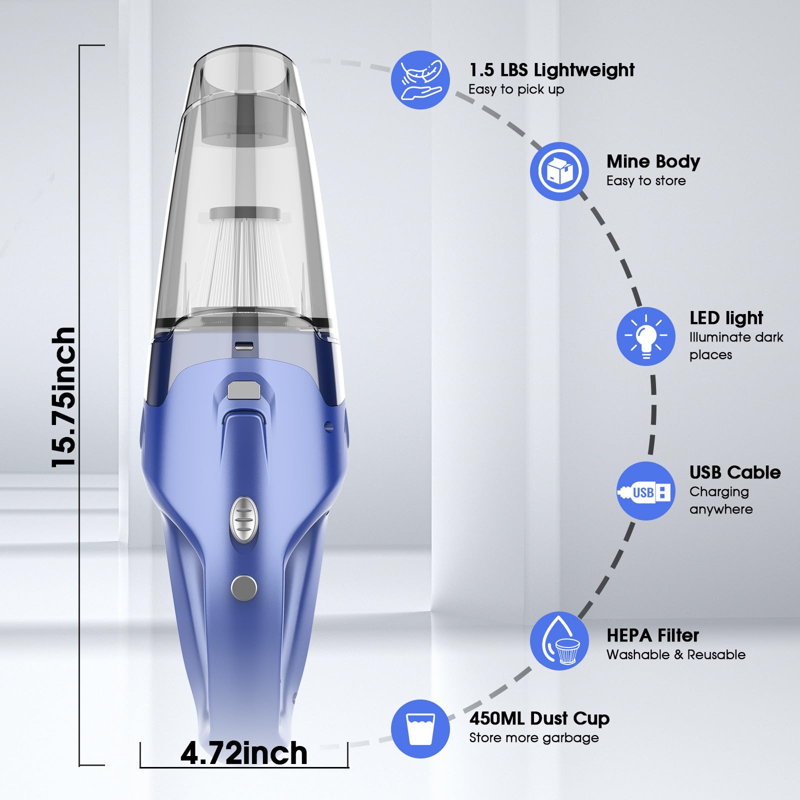 Cordless Handheld Vacuum Cleaner with 6000Pa Suction, LED Light & USB Charging