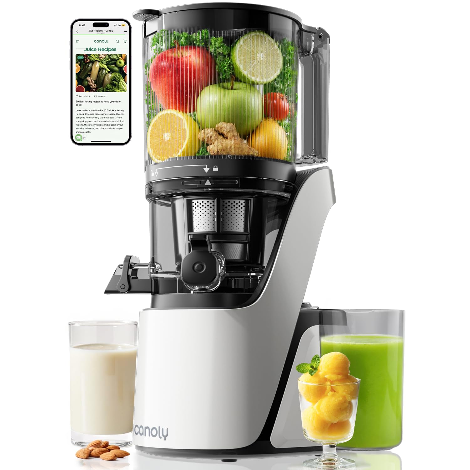 Cold Press Juicer with 6" Wide Feed Chute, 3-in-1 Strainers, Brushless Motor, BPA-Free