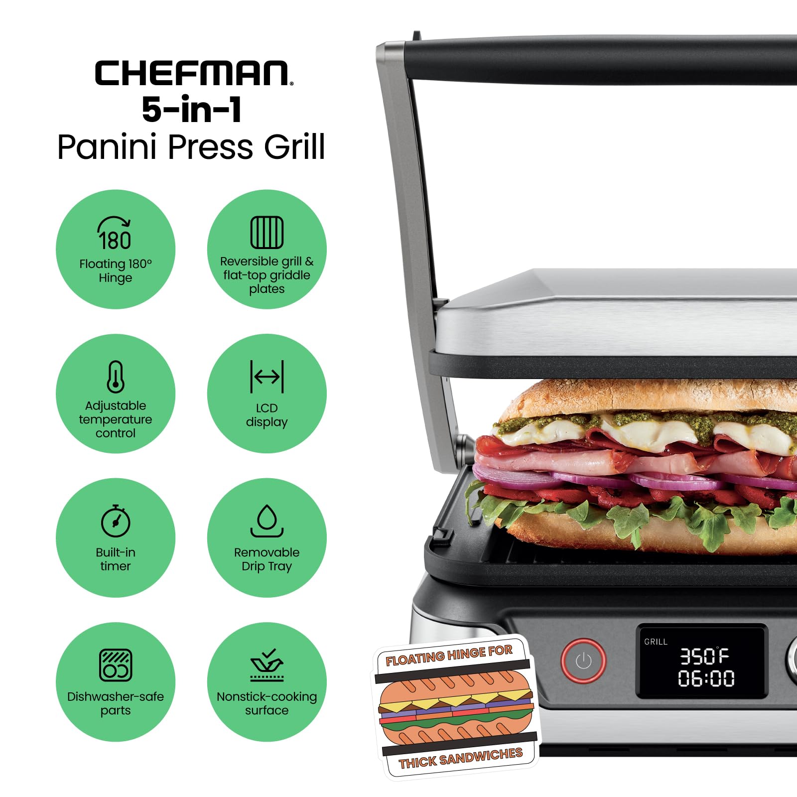 5-in-1 Digital Panini Press Grill & Sandwich Maker with Reversible Grill Plates