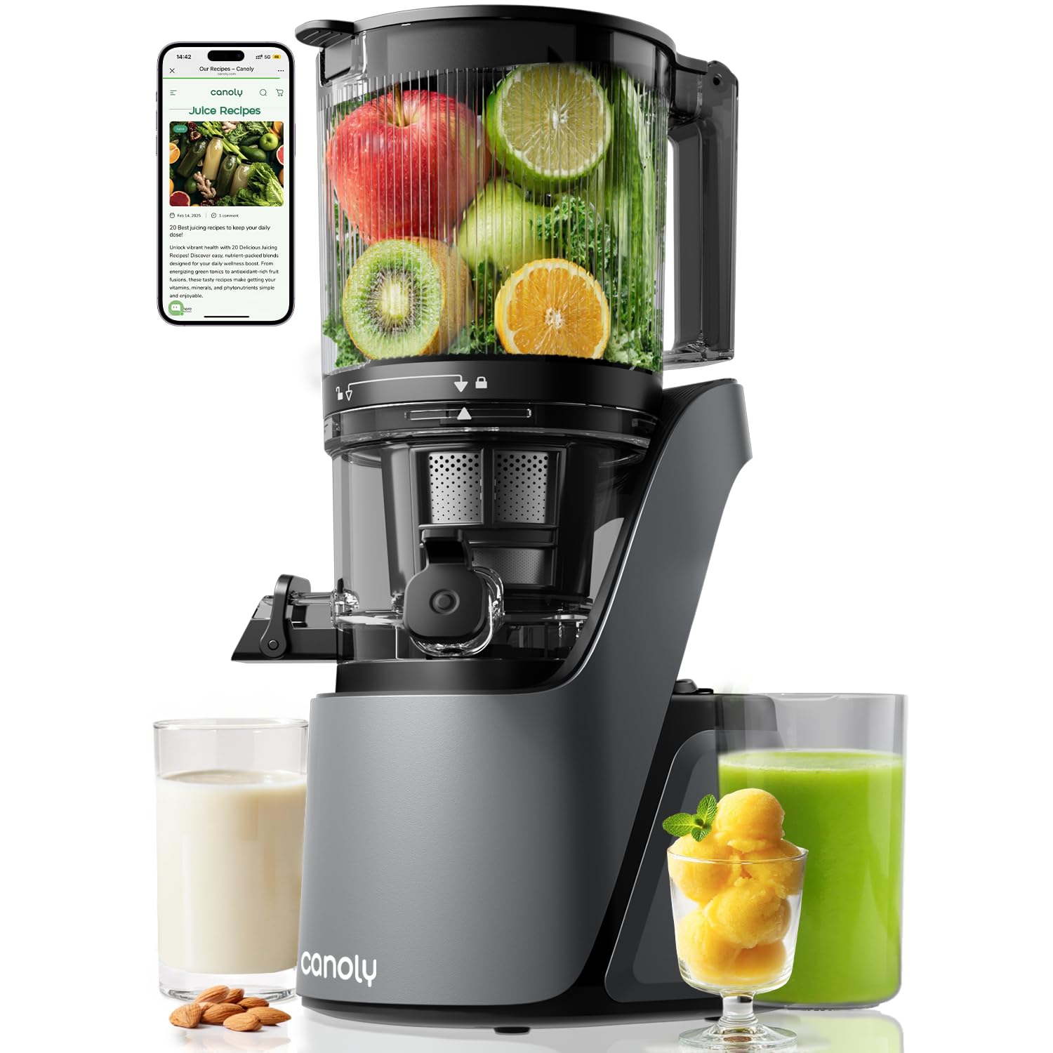 Cold Press Juicer with 6" Wide Feed Chute, 3-in-1 Strainers, Brushless Motor, BPA-Free