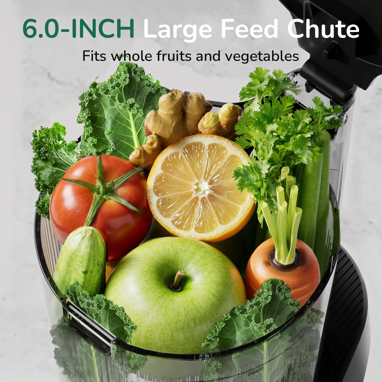Cold Press Juicer with 6" Wide Feed Chute, 3-in-1 Strainers, Brushless Motor, BPA-Free