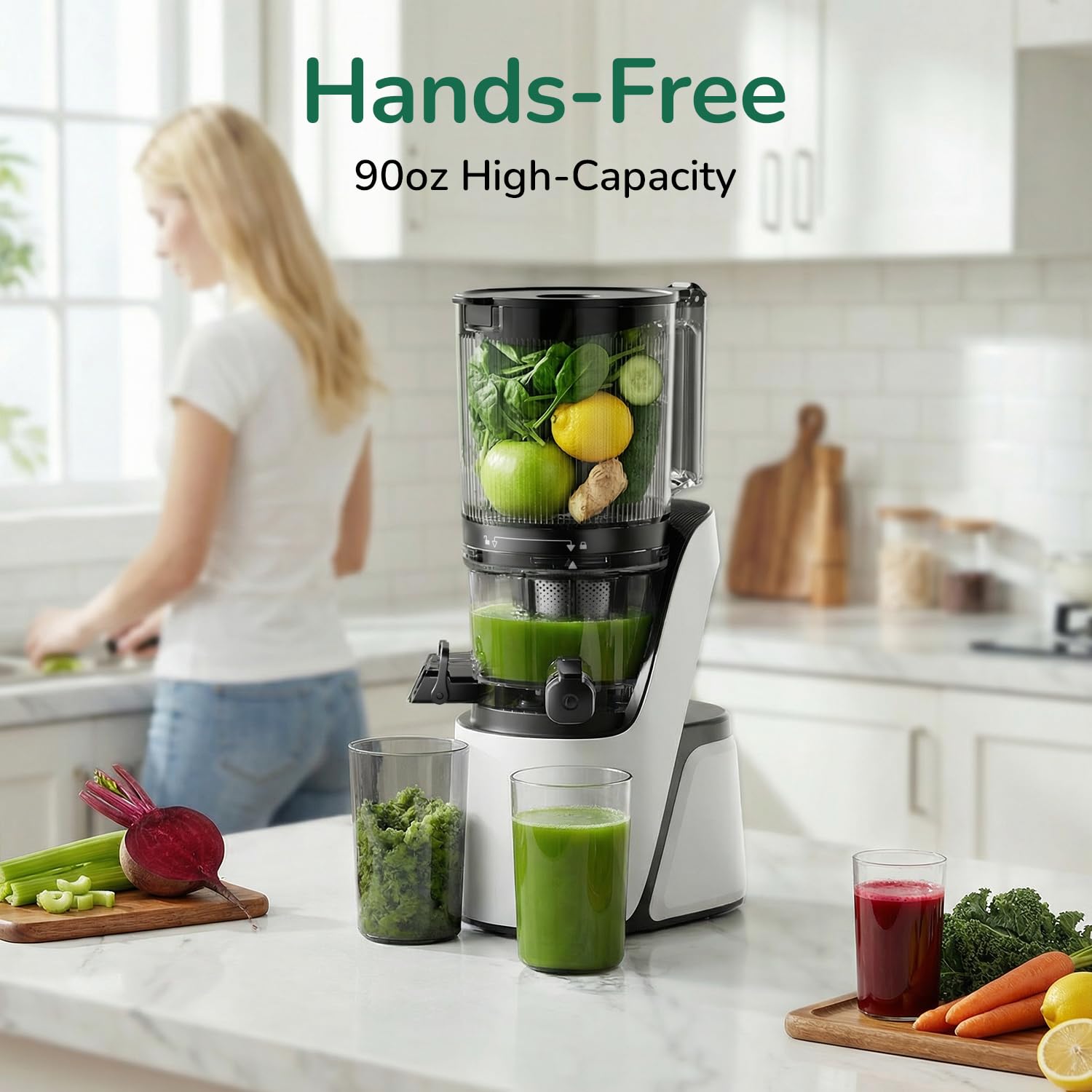 Cold Press Juicer with 6" Wide Feed Chute, 3-in-1 Strainers, Brushless Motor, BPA-Free