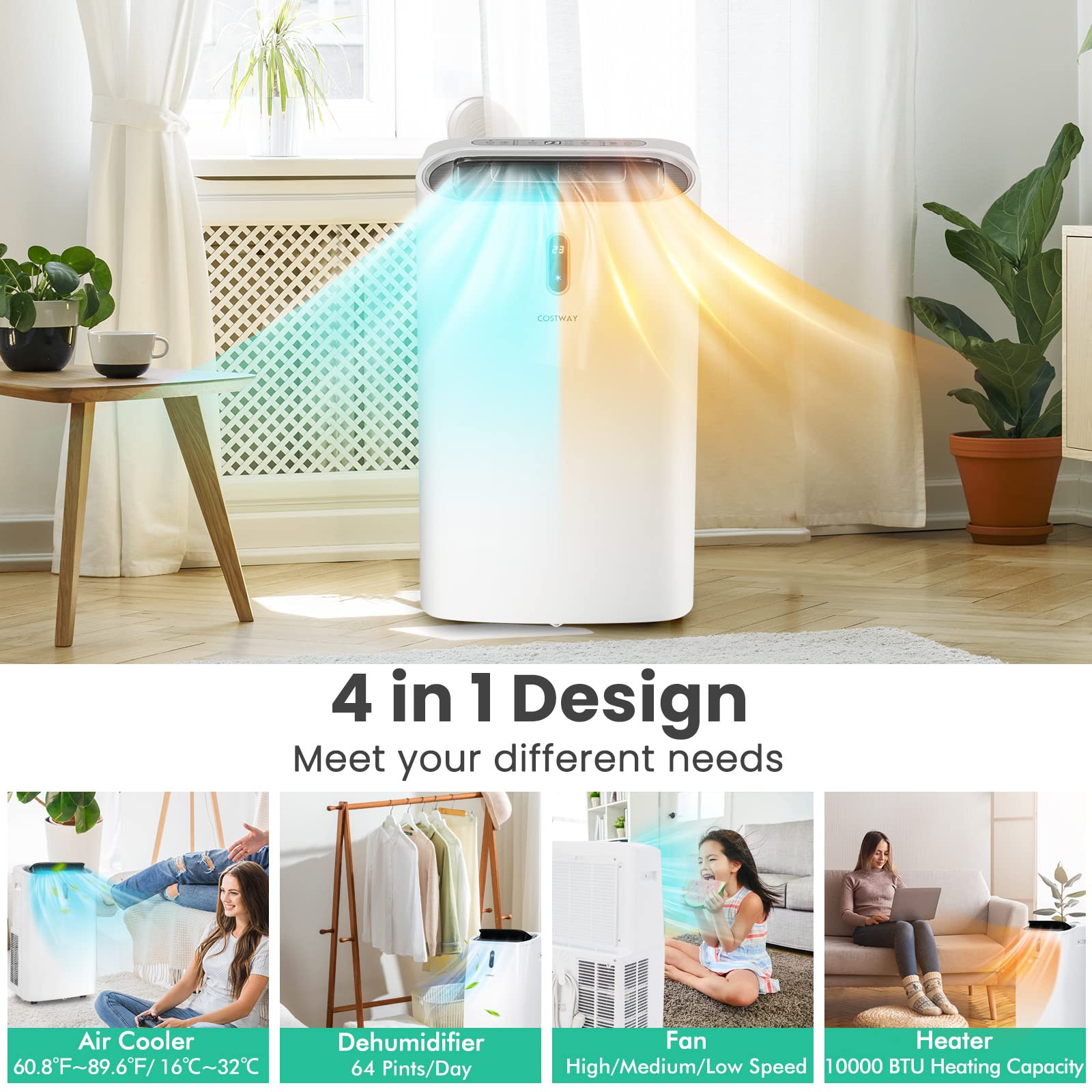 12000 BTU Portable Air Conditioner with Cooling, Heating, Dehumidifier & Fan Functions