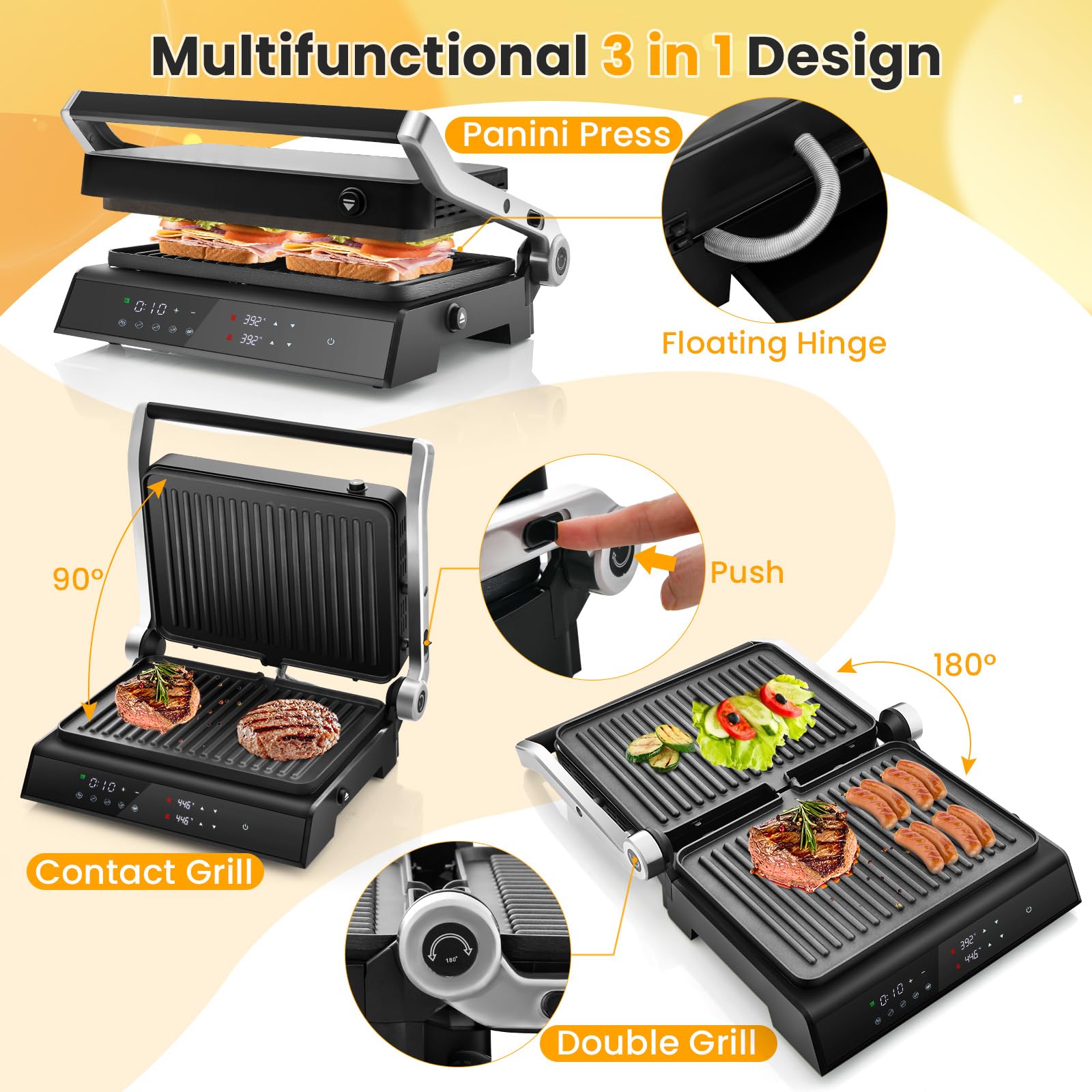 1200W Panini Press Grill & Sandwich Maker with Non-Stick Plates and 180° Open Design