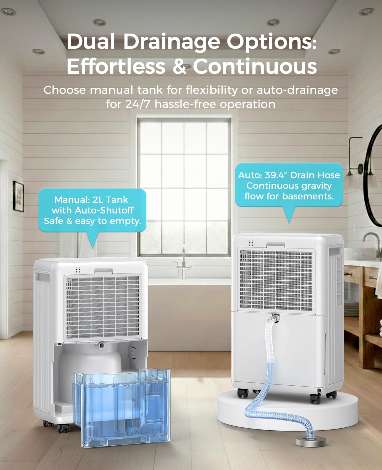 32 Pint Dehumidifier for Large Rooms up to 2500 Sq Ft with Drain Hose & Smart Humidity Control