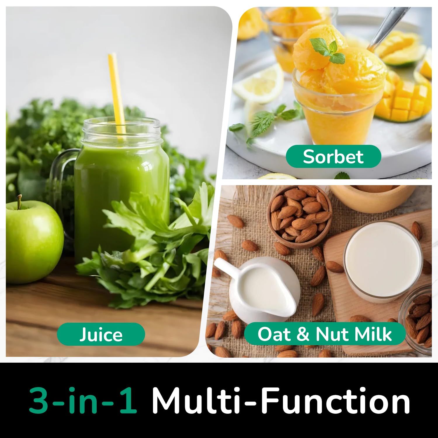 Cold Press Juicer with 6" Wide Feed Chute, 3-in-1 Strainers, Brushless Motor, BPA-Free