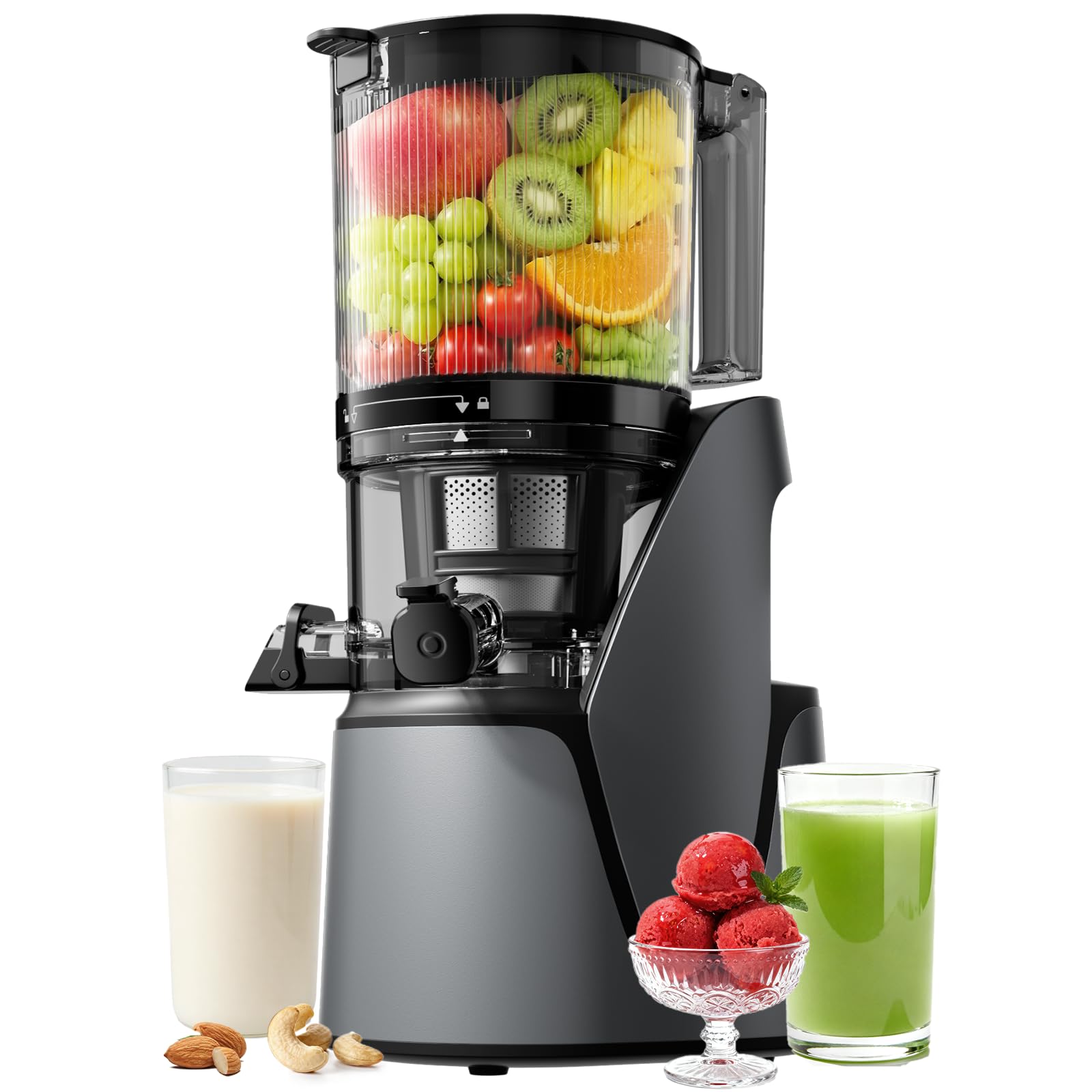 3-in-1 Cold Press Juicer with 6.5" Large Feed Chute, Juice, Nut Milk & Sorbet Maker