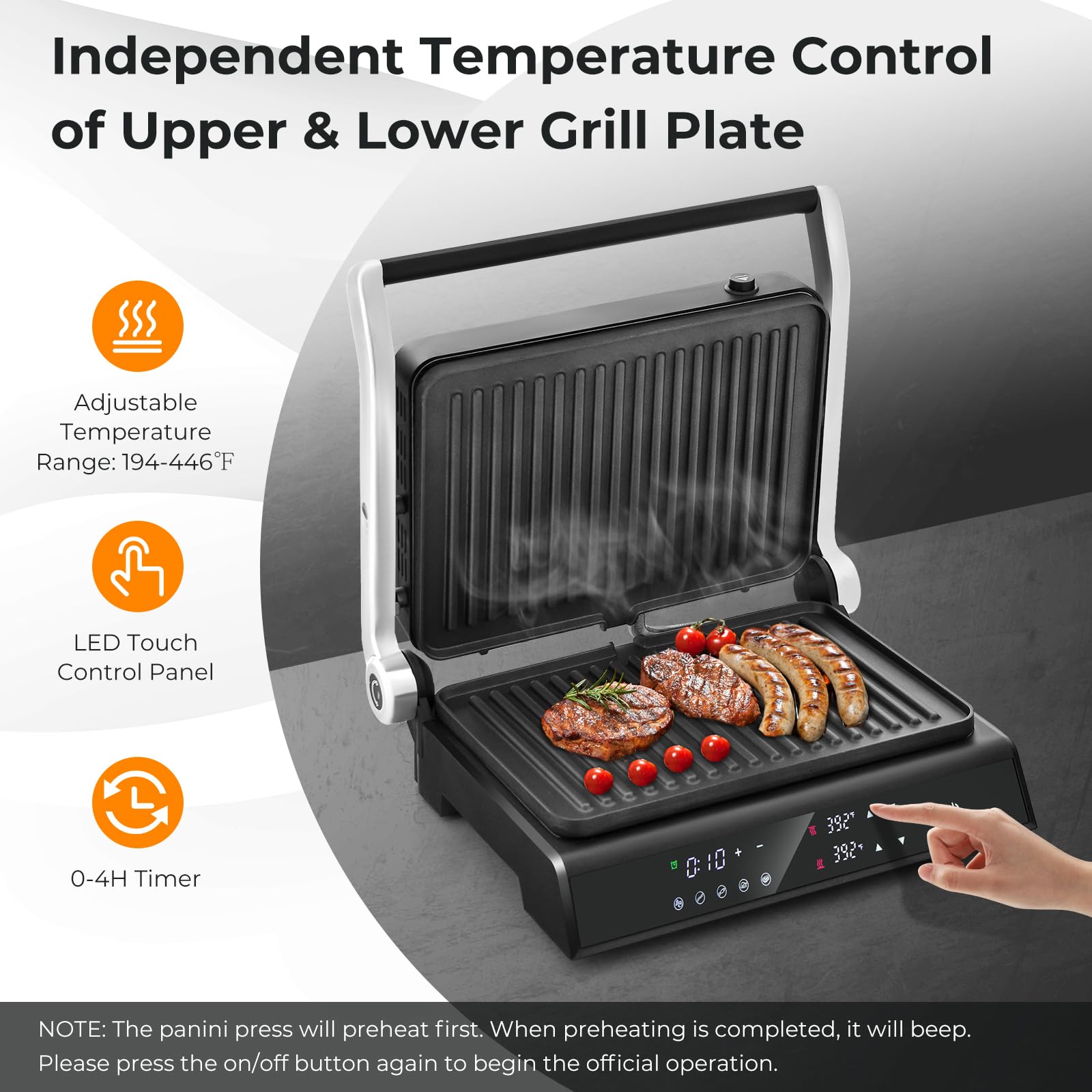 3-in-1 Panini Press Grill & Sandwich Maker with Removable Plates and Independent Temperature Control