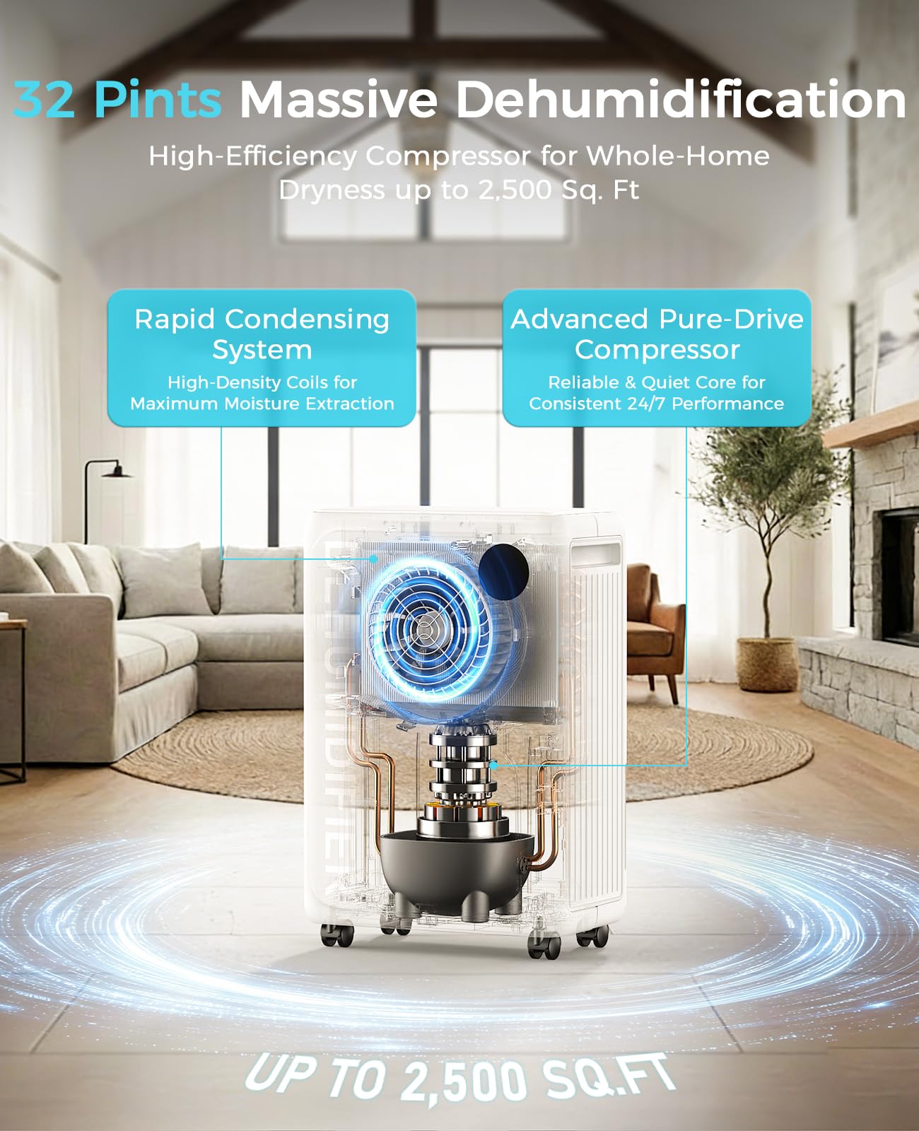 32 Pint Dehumidifier for Large Rooms up to 2500 Sq Ft with Drain Hose & Smart Humidity Control