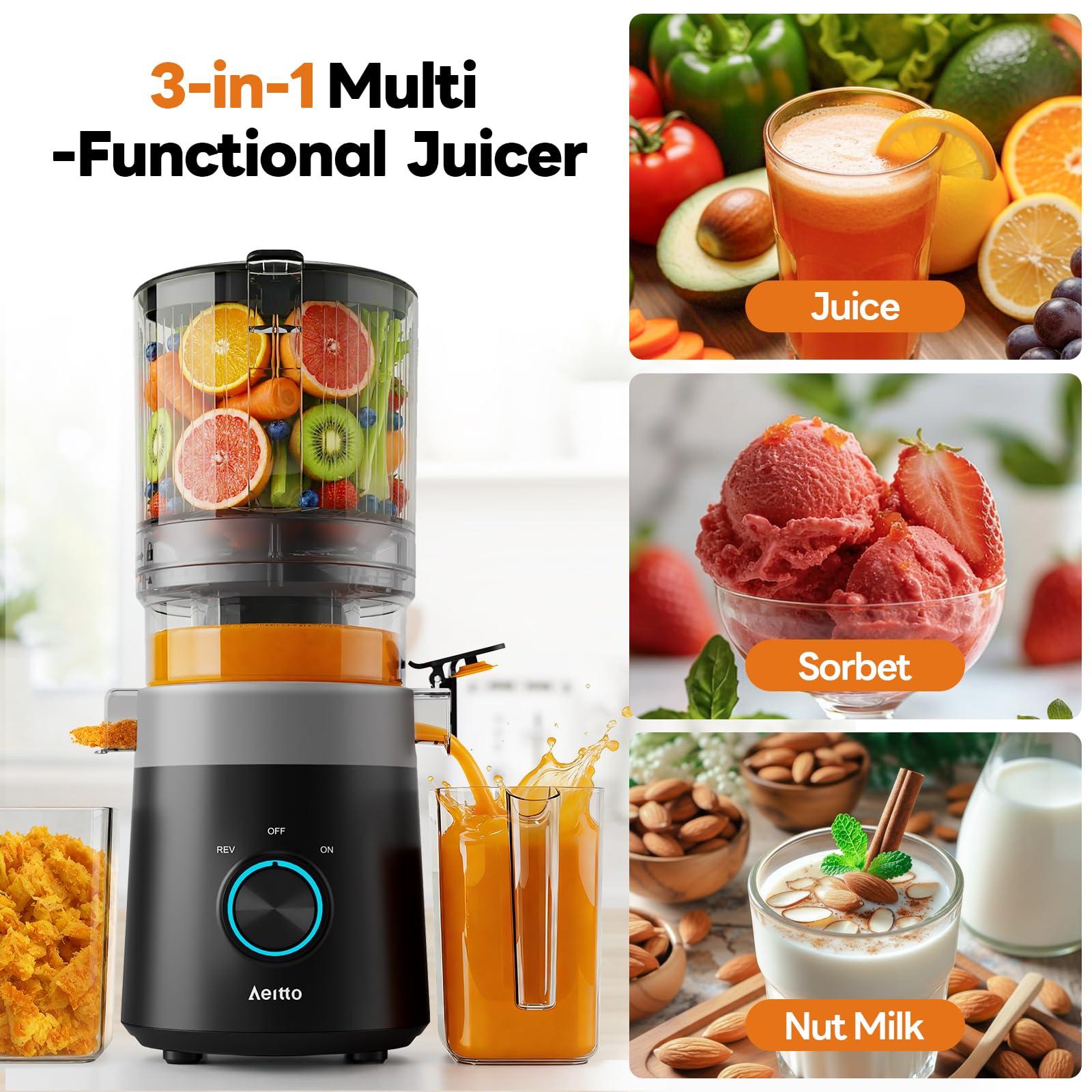 Aeitto Cold Press Juicer With 3-in-1 Juicer for Juice, Nut Milk & Sorbet