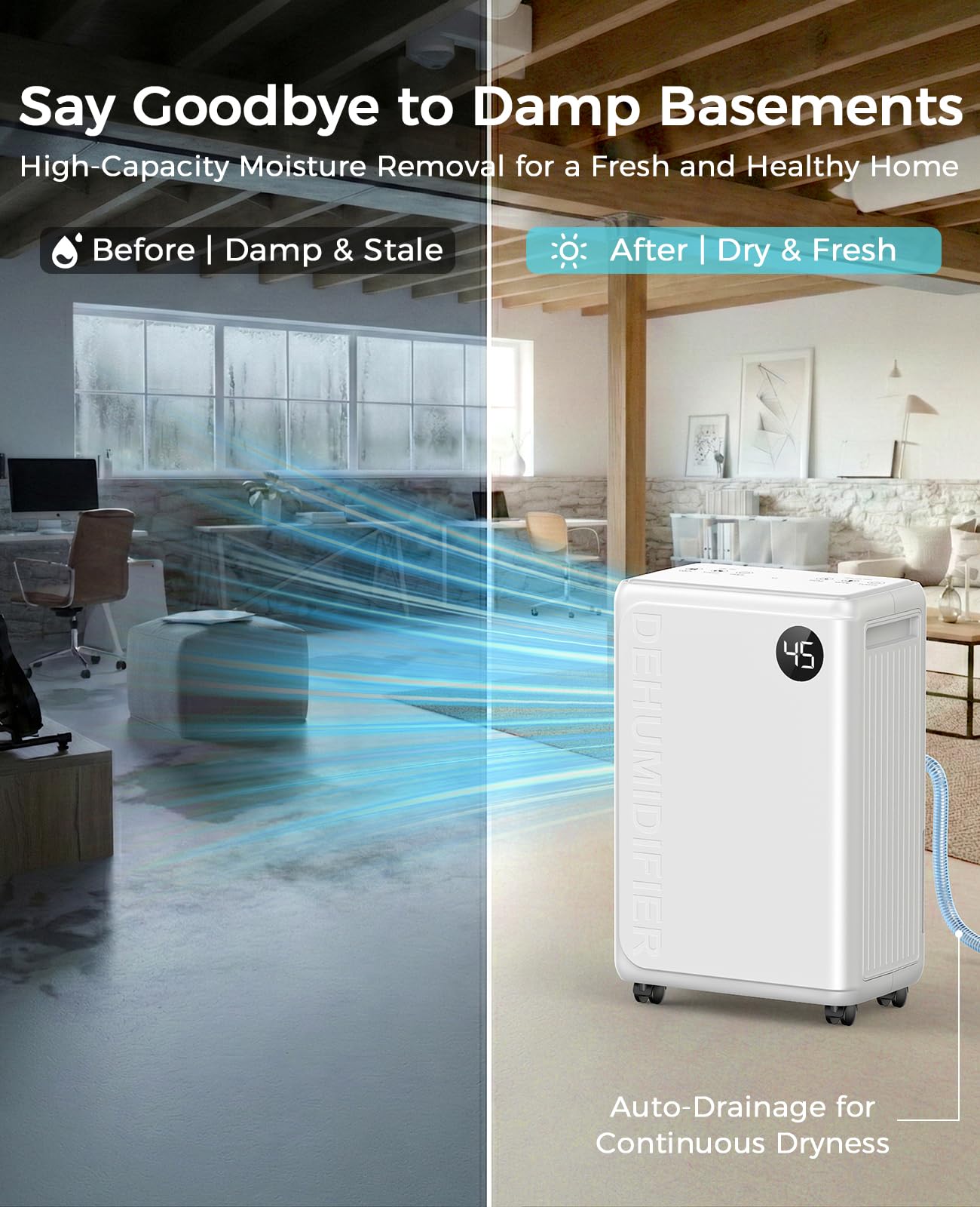 32 Pint Dehumidifier for Large Rooms up to 2500 Sq Ft with Drain Hose & Smart Humidity Control
