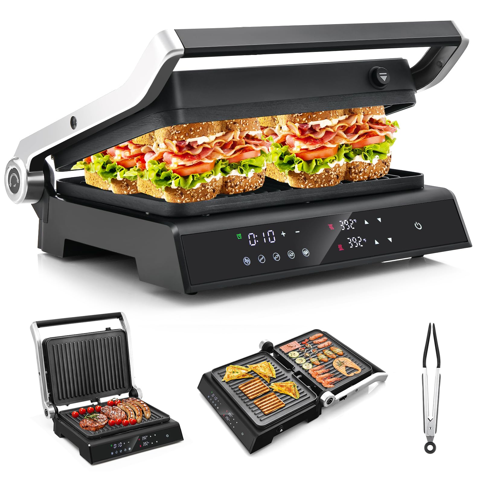 3-in-1 Panini Press Grill & Sandwich Maker with Removable Plates and Independent Temperature Control