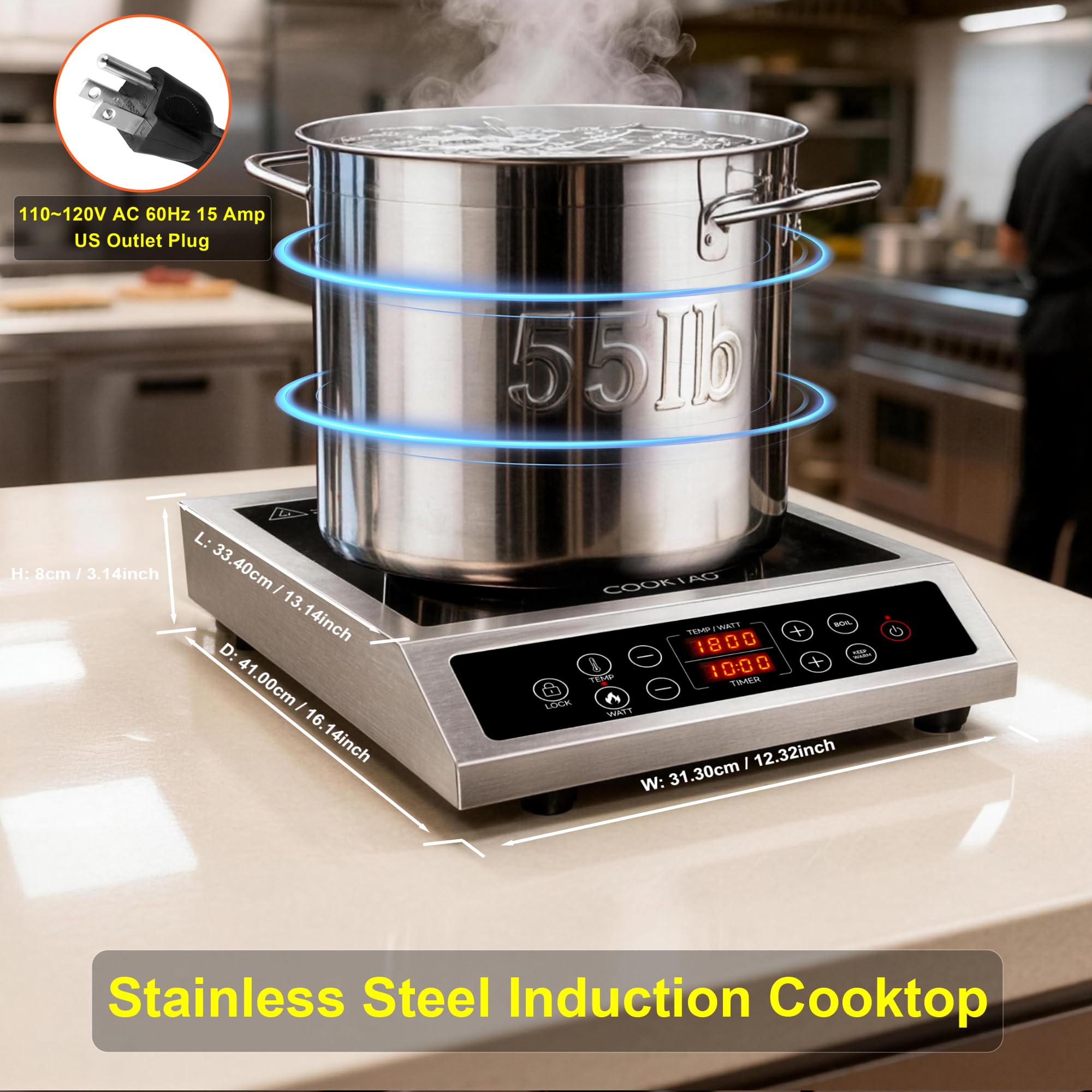 1800W Stainless Steel Induction Cooktop with Temperature Control & Portable Single Burner