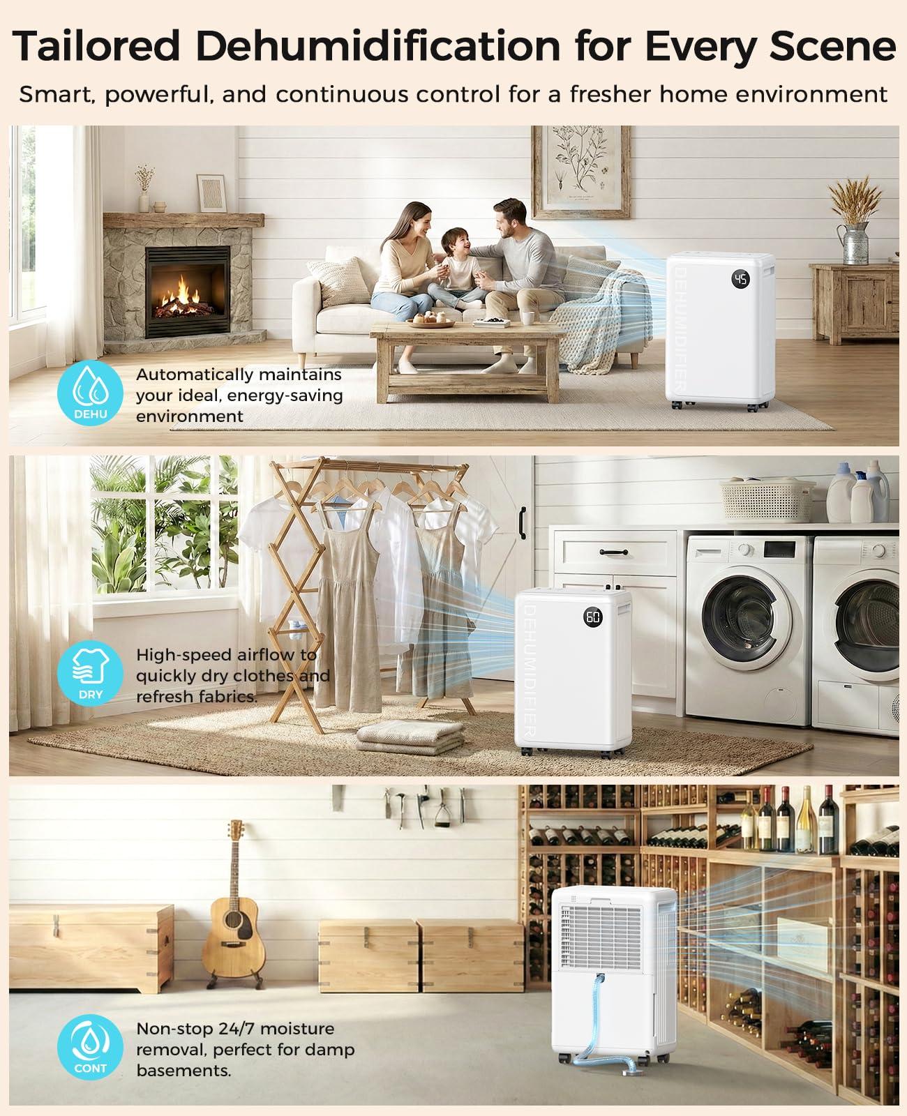 32 Pint Dehumidifier for Large Rooms up to 2500 Sq Ft with Drain Hose & Smart Humidity Control