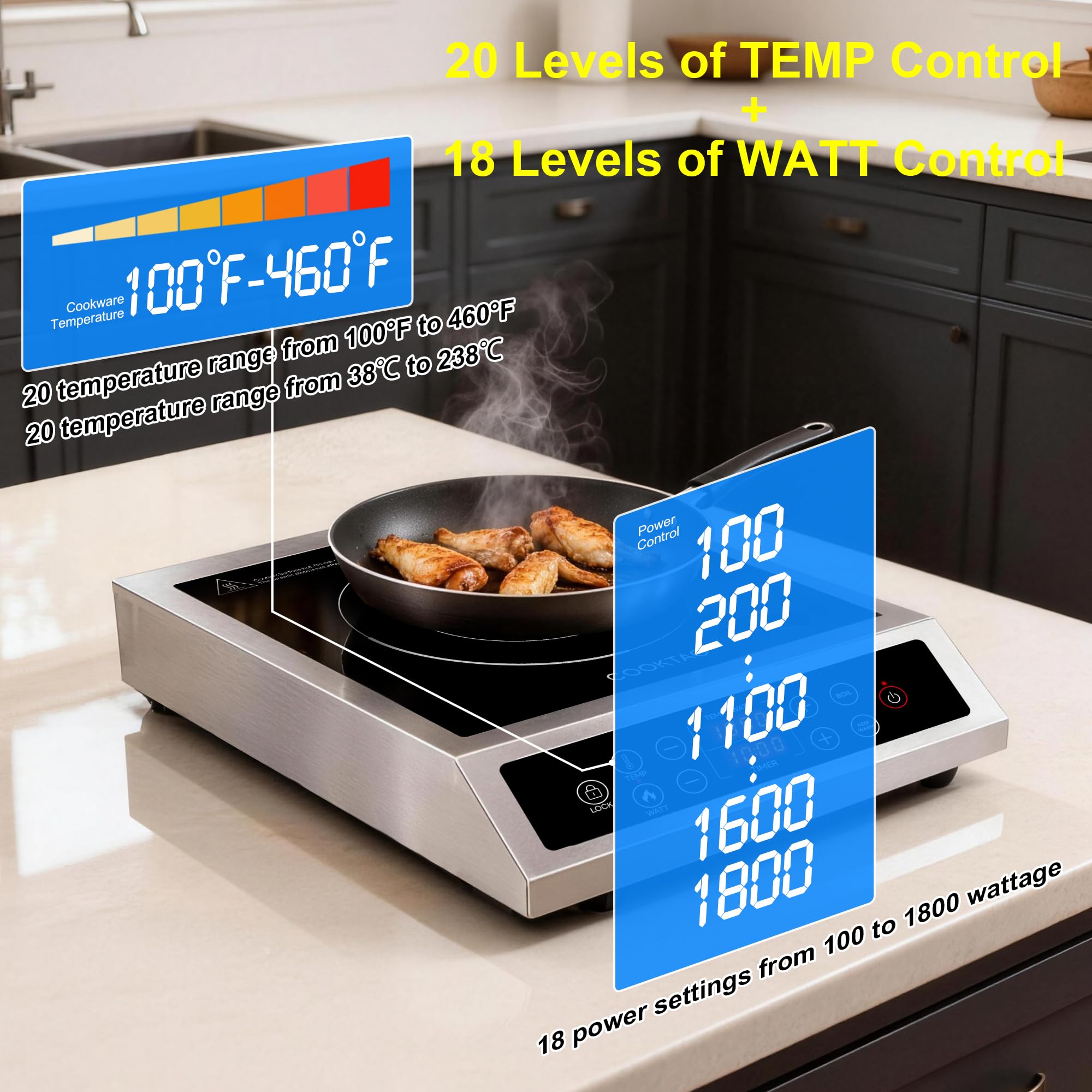 1800W Stainless Steel Induction Cooktop with Temperature Control & Portable Single Burner