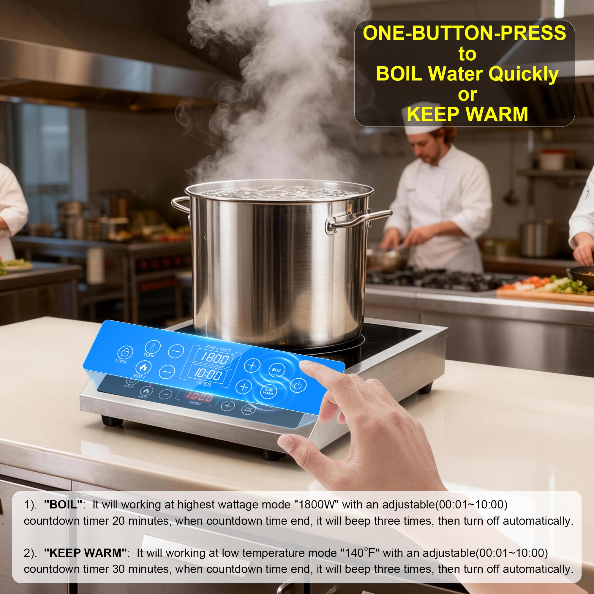 1800W Stainless Steel Induction Cooktop with Temperature Control & Portable Single Burner