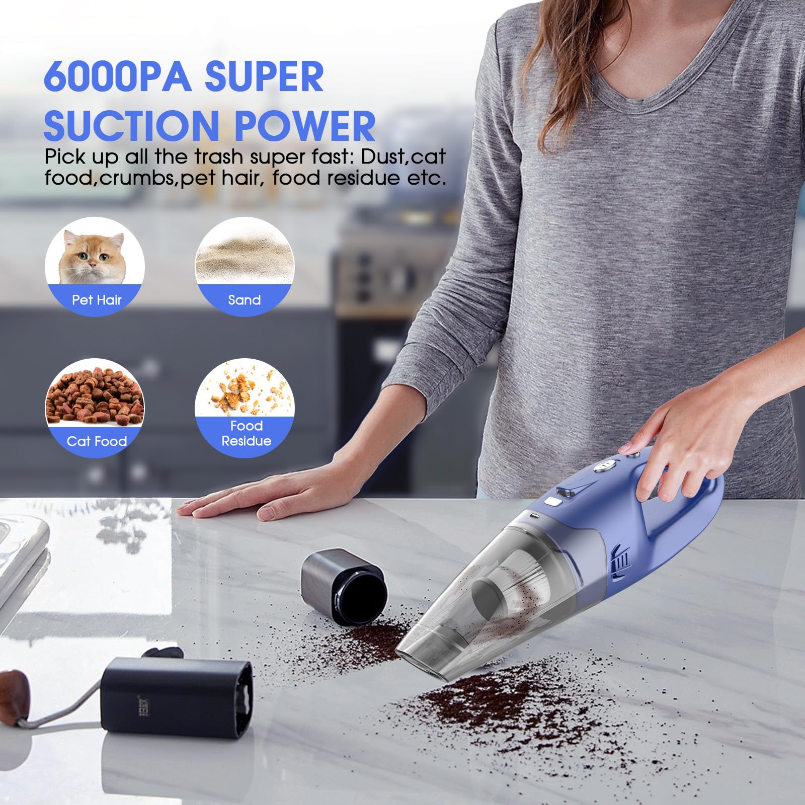 Cordless Handheld Vacuum Cleaner with 6000Pa Suction, LED Light & USB Charging