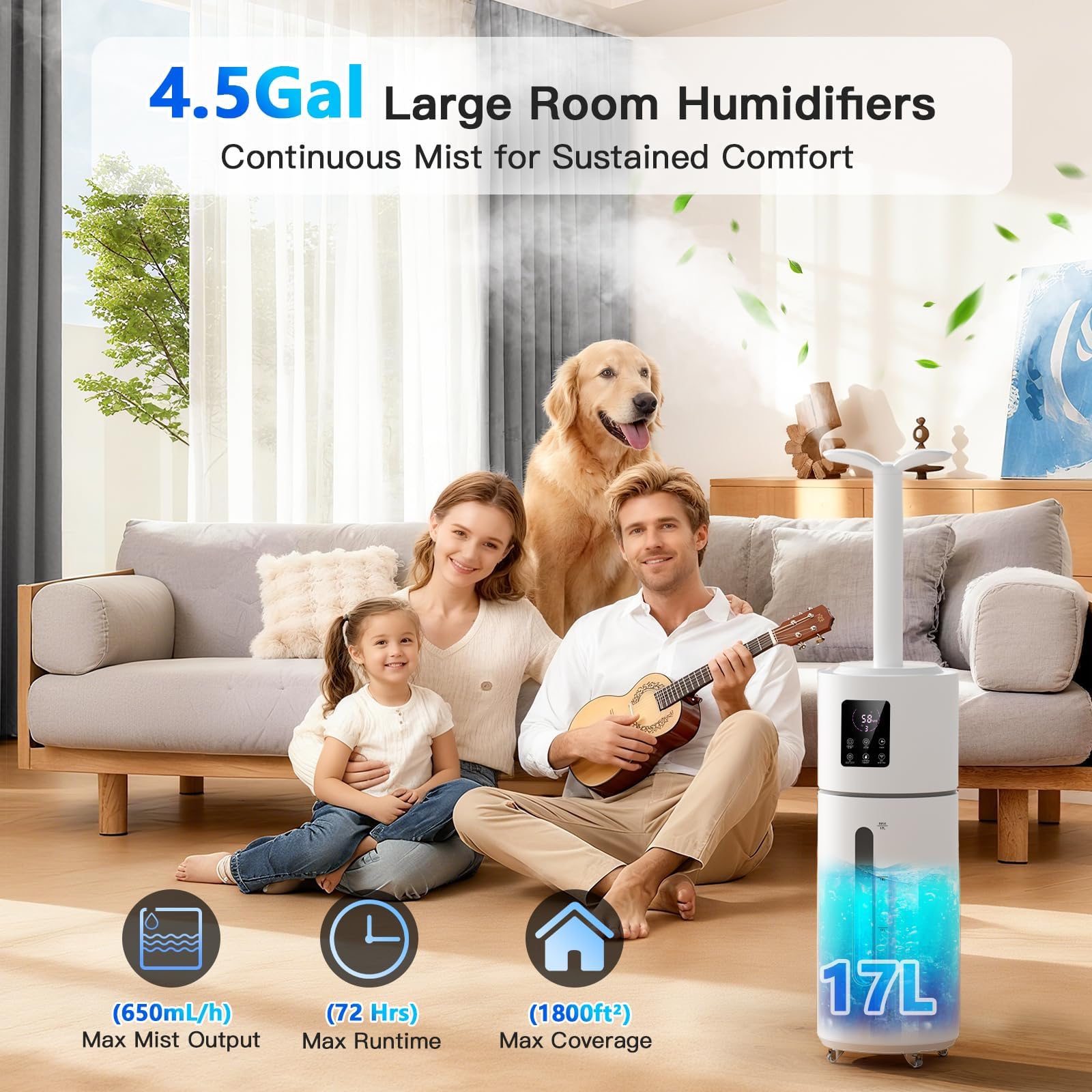 17L Cool Mist Humidifier for Large Rooms up to 1800 Sq Ft with Top Fill & 3 Mist Modes